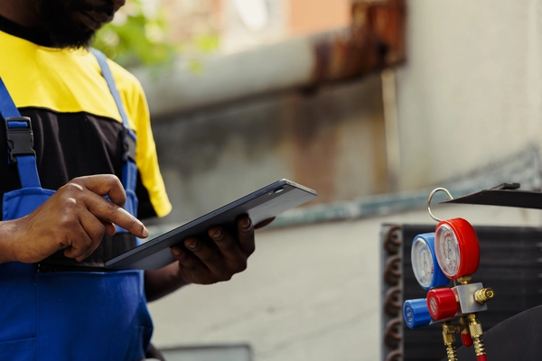 A worker in an orange helmet and vest inspects outdoor air conditioning units from a ladder, emphasizing maintenance tasks.
