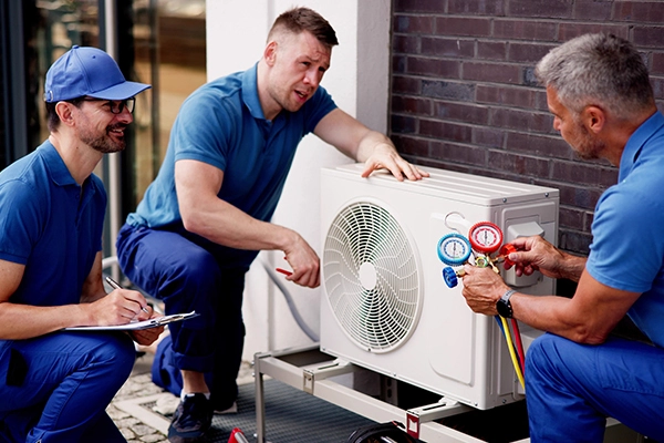 Three skilled technicians collaborate on an air conditioning unit, ensuring top performance on a sunny afternoon