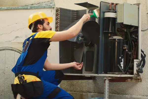A technician in a yellow hard hat and blue overalls cleans the interior components of an air conditioning unit on a wall.