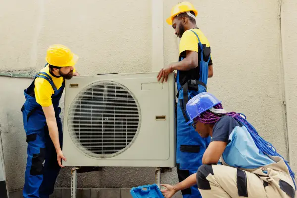 Three workers in colorful uniforms and hard hats are installing an outdoor air conditioning unit against a wall.
