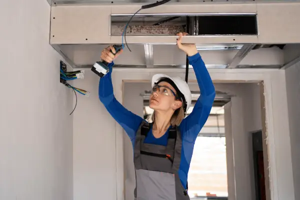 A person wearing a safety cap and blue long-sleeve shirt works on a ceiling installation, holding a tool above their head.